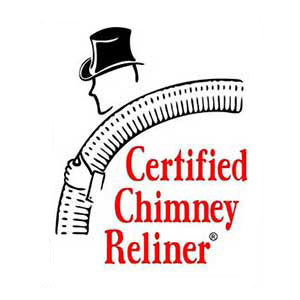 Drawing of a man wearing a black top hat holding a chimney liner pipe text says Certifed Chimney Reliner