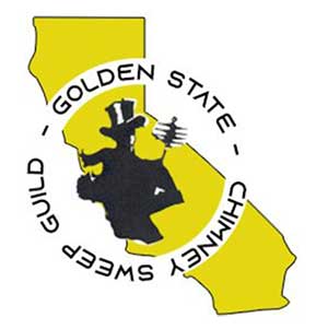 Drawing with Yellow State of California and chimney sweep holding brush in black that reads Golden State Chimney Sweep Guild