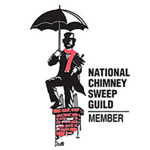 Drawing of Chimney Sweep in Top Hat in Scarf holding a umbrella sitting on top of a chimney text reads National Chimney Sweep Guild Member