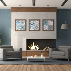 a modern living room decorated in blues and grays with a gas fireplace