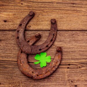 two horseshoes and a green 4-leaf clover with a wood background